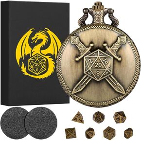 Mini DND Dice Set Steampunk Double Sword Crosses Pocket Watch Shell Case, 7-Piece Polyhedral Metal D&D Dice Set, Christmas DND Gifts with Gift Box, Role Playing Board Game Accessories Dice, Bronze