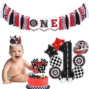 Race Car 1st Birthday High Chair Banner Boy 1st Birthday Decorations Vintage Retro Race Car Balloons Fast One Cake Toppers Birthday Crown Birthday Party Decorations