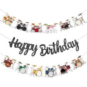 Drum Birthday Party Banners Music Drum Birthday Party Decoration Black Glitter Happy Birthday Banners for Drum Theme Birthday Party Drummer Birthday Party Baby Shower Supplies