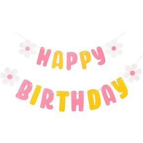 Pastel Happy Birthday Banner, Felt Happy Birthday Banner with Flower Garland Banner for Rainbow Birthday Party Decorations, Cute Birthday Decorations Pre-Strung Happy Birthday Banner