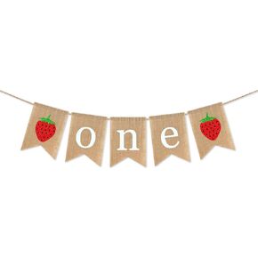 Jute Burlap Strawberry Theme Happy Birthday Party Decoration Banner Glitter Strawberry Summer Party Decoration Burlap Banner Berry Sweet Girl Party Decoration Garland with Flower for Mantle Fireplace