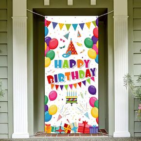 Kids Birthday Party Decorations, Colorful Balloons Present Happy Birthday Door Cover Washable Fabric Backdrop Banner Background for Newborn Baby Shower Celebration Supplies, 70.9 x 35.4 Inch