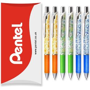 Pentel Energel XM BL77 Retractable Liquid Gel Ink Rollerball - Orange, Blue & Green Barrels - Black Ink (Pack of 6)