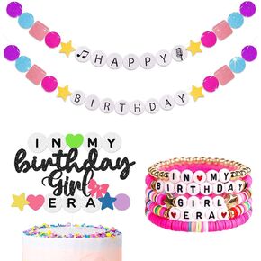 Birthday Party Decorations, Beaded Bracelets Shaped Happy Birthday Banner, Birthday Girl Glitter Cake Topper & Bracelets, Party Favors for Girls Women, Birthday Signs Accessories Gifts