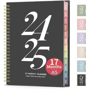 17 Month Academic Planner 2024-2025, Forvencer Weekly and Monthly Agenda Book Planner, Aug 2024 - Dec 2025, 5"x 8", Aesthetic Simplified College School Student Calendar Planner with Month Tab, Flexible Cover(A5,Black)