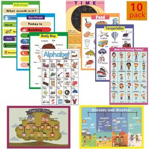 SANTSUN 10 Educational Preschool Posters for Kids(Laminated) Perfect for Kindergarten Classroom Decor - Emotions, Alphabet, Food, Weather and More 11.7 x 16.5 in