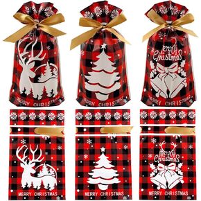 VIFOME 24 Pcs Christmas Gift Bags Santa Favor Bags Xmas Plaid Treat Bags Plastic Drawstring Bags Candy Goodies Bags Gift Wrapping Bags Christmas Party Decoration