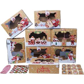 12 Pack Christmas Cookie Boxes with Window, Kraft Holiday Bakery Gift Boxes for Cookies Pastries Candy Treats – Includes Ribbons and DIY Tags for Christmas Gift Giving and Party Favors
