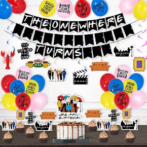 Friends Birthday Decorations, Friend TV Show Birthday Party Decorations, The One Where Turns Banner Hanging Swirl Balloon Cake Cupcake Topper for TV Show Fans Party Décor