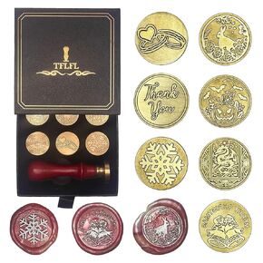 TFLFL Wax Seal Stamp Set, 7 PCS Festival Sealing Wax Stamp Heads with Wooden Handle Vintage Custom Gift Box for Party Invitation Letter Envelopes Thank You Rings Snowflake Bell Dragons