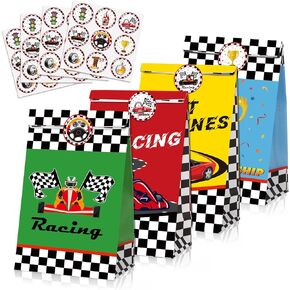 Tallew 24 Pcs Race Car Party Bags with Stickers Checkered Flag Party Favor Treat Bag Racing Pit Crew Goody Gift for Racing Car Supplies