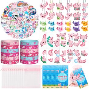 Axolotl Party Favor Pack - 122Pcs Reptile Animal Rubber Bracelet Resin Ornament Temporary Tatto Sticker Keychain with Thank You Card Organza Bag Kids Birthday Axolotl Party Goodie Bag Supply