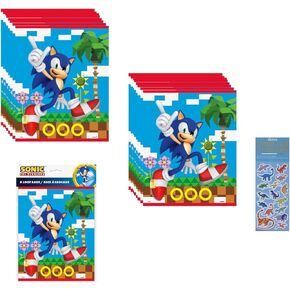 Unique Sonic Birthday Party Supplies Bundle includes 16 Plastic Favor Loot Bags and 1 Dinosaur Sticker Sheet