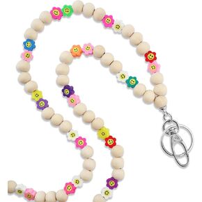 Smile Teacher Lanyard for Women for id badges and Keys Cute Happy Face Wood Beaded Lanyard for Teacher Nurse Work