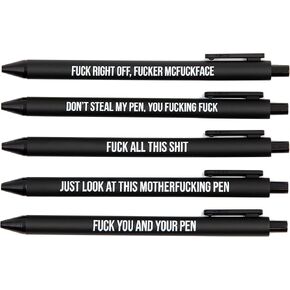 GetBullish Set Of 5 Sweary Fck Cussing Gel Pens, Black, Snarky Novelty Office Supplies, Sassy Gifts For Friends, Co-Workers, Boss