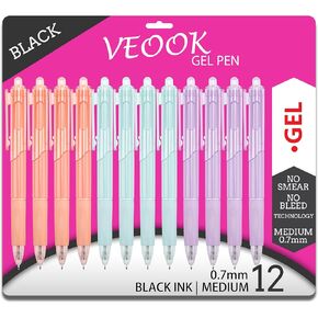 Gel Pens, Medium Point (0.7mm), with Quick Dry Black Ink, Retractable Rolling Ball Writing Pens, Smooth Cute Ink Pens for Office, 12 Count (ZE-13)