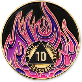 12 Year Sobriety Mint Twisted Flames Gold Plated AA Recovery Medallion/Chip - Black/Pink/Purple/Blue