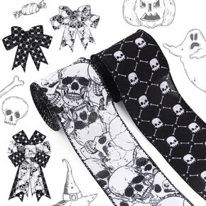 ALIBBON 2 Rolls 2.5" × 5 Yd Halloween Ribbon Skull Wired Ribbon Black White Skeleton Fabric Ribbon for Halloween Decor Wreath DIY Crafts Bows Making Gifts Wrapping Halloween Party Decoration