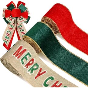 3 Rolls 15 Yards Christmas Wired Ribbon 2.5" Red Green Velvet Ribbon Glitter Merry Christmas Burlap Ribbon for Gift Wrapping Wreath Bow Christmas Tree Decoration