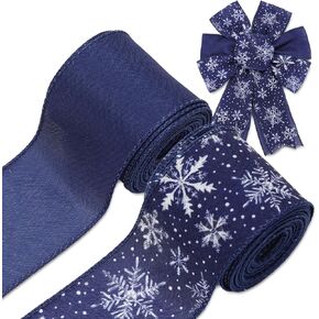 Winter Wired Edge Ribbons Navy Blue Snowflake Decorative Fabric Wrapping Ribbons for Christmas DIY Crafts Wreath Bow Making Supplies, 2 Rolls, 20 Yard