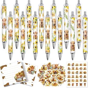 18 Pcs Christmas Sunflower Cute Highland Cow Print Gifts Pens with 60 Cow Stickers 100 Cow Sticky Notes Aesthetic Highland Cow Office Stuff Car Stationery Valentine for Party