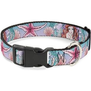Buckle-Down Dog Collar Plastic Clip The Little Mermaid Ariel Sketch4 Pose Shells Kelp Blues Pinks 13 to 18 Inches 1.5 Inch Wide
