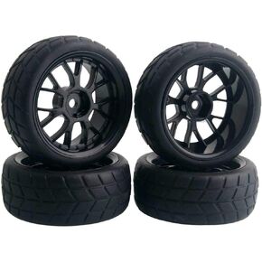 Rubber Tires and Wheels Set for 1/10th Scale RC Touring Racing On Road Car HSP HPI (Black)