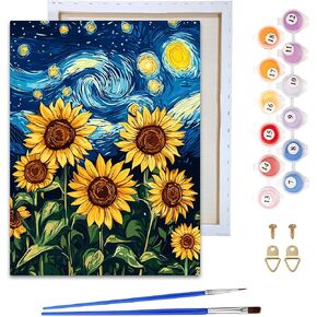 Reofrey Framed Paint by Numbers Kit for Adults & Beginner - 8x12 Inch Canvas Sunflowers Paint by Numbers - Starry Sky Educational & Creative Art Set for Beginners - Perfect for Home Wall Decoration