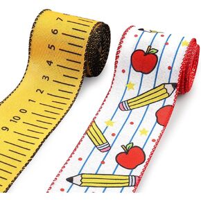 Hying 2 Rolls Back to School Ribbons for Wreath Bows, 2.5"×10 Yards Wired Edge Ribbons Black Burlap Ribbon Apples ABC Craft Ribbons for Gift Wrapping Preschool Classroom Decorations Supplies