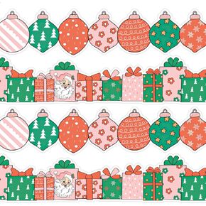 Christmas Bulletin Board Borders 60 Pcs Red Green Retro Decorated Ball Gift Box Xmas Pink Santa Self-Adhesive Trim Stickers for Winter Holiday Party Classroom Chalkboard Wall, 59 Ft