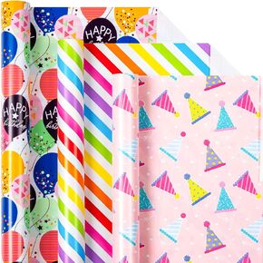 MAYPLUSS Birthday Gift Wrapping Paper for Girl - 17 x 120Inch Per Roll(3 Mini Roll) - Creative Pink Girly Birthday Party Hat, Balloon & Stripe Gift Wrap for Kids Birthday Baby Shower Party Holiday