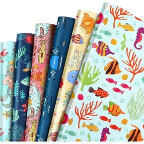 Ocean Wrapping Paper - 12 Sheets Under the Sea Fish Shark Whale Colorful Gift Wrapping Paper for Birthday,Baby Shower Folded Flat - 20"×28"
