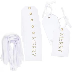 50 Count Christmas Gift Tags with Ribbon Tie Strings Gold Foil Merry Personalized Name Tag Labels Write On to & from for Gifts Bags Wrapping Presents in Kuwait