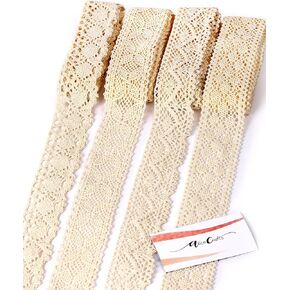 1.5 to 1.75 inches by 20 Yards Beige Cotton Ribbon Lace Trim for Sewing and Gift Wrapping by Alice Crafts | 4 Rolls x 5 Yards Each, Set of 4 Assorted Patterns
