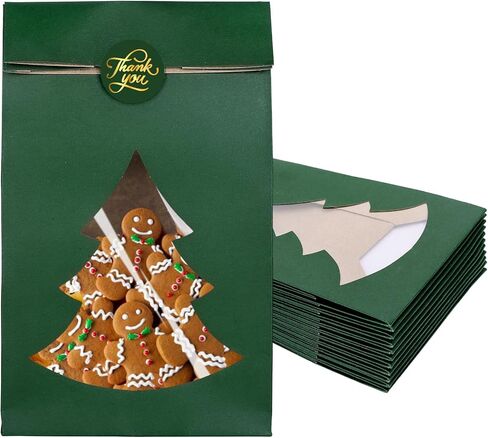 Whaline 25Pcs Christmas Paper Treat Bags with Pine Tree Window Xmas Green Thick Goodie Candy Bags Party Favor Bags with Stickers for Winter Holiday Party Gift Wrapping in Saudi Arabia