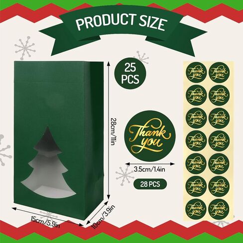 Whaline 25Pcs Christmas Paper Treat Bags with Pine Tree Window Xmas Green Thick Goodie Candy Bags Party Favor Bags with Stickers for Winter Holiday Party Gift Wrapping in Saudi Arabia