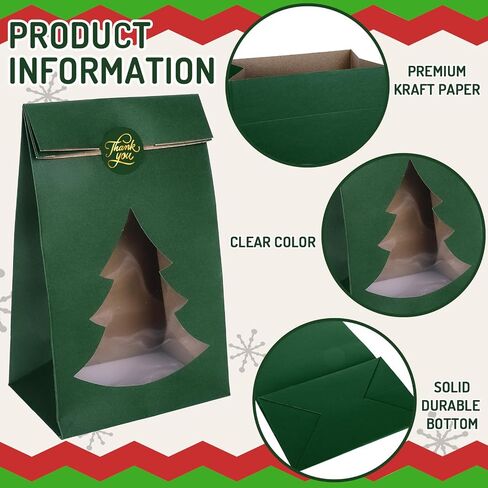 Whaline 25Pcs Christmas Paper Treat Bags with Pine Tree Window Xmas Green Thick Goodie Candy Bags Party Favor Bags with Stickers for Winter Holiday Party Gift Wrapping in Saudi Arabia