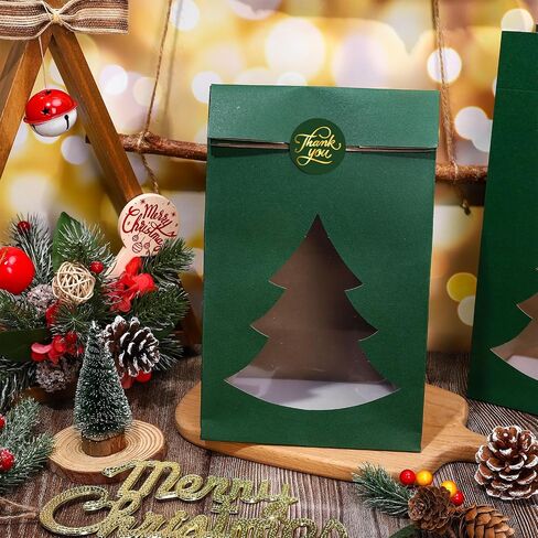 Whaline 25Pcs Christmas Paper Treat Bags with Pine Tree Window Xmas Green Thick Goodie Candy Bags Party Favor Bags with Stickers for Winter Holiday Party Gift Wrapping in Saudi Arabia