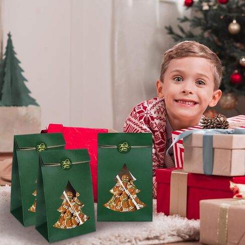 Whaline 25Pcs Christmas Paper Treat Bags with Pine Tree Window Xmas Green Thick Goodie Candy Bags Party Favor Bags with Stickers for Winter Holiday Party Gift Wrapping in Saudi Arabia