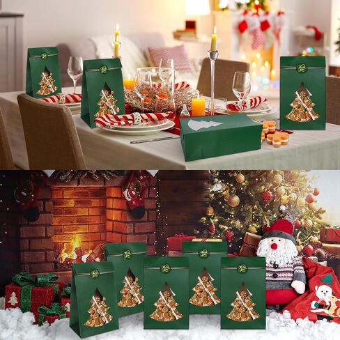 Whaline 25Pcs Christmas Paper Treat Bags with Pine Tree Window Xmas Green Thick Goodie Candy Bags Party Favor Bags with Stickers for Winter Holiday Party Gift Wrapping in Saudi Arabia