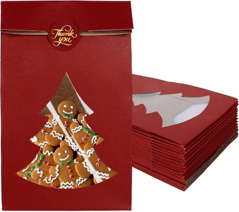 Whaline 25Pcs Christmas Paper Treat Bags with Pine Tree Window Xmas Green Thick Goodie Candy Bags Party Favor Bags with Stickers for Winter Holiday Party Gift Wrapping in Saudi Arabia