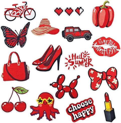 16 قطعة من الرقع الحمراء المزخرفة بالكي، مقاسات متنوعة يمكنك صنعها بنفسك رقع الجينز المطرزة شارة حديدية لحقائب الملابس والقبعات والقمصان والجينز والسترات التي يمكنك صنعها بنفسك in Kuwait