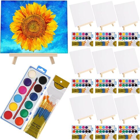 Crtiin 10 Set Canvas Boards with Easel for Painting Kit Include 10 Wood Easels 10 Pcs Canvases 10 Pcs Watercolor Paint and 100 Pcs Brushes Paint and Sip Kit Art Supplies for Adults (8 x 10 Inch) in Saudi Arabia
