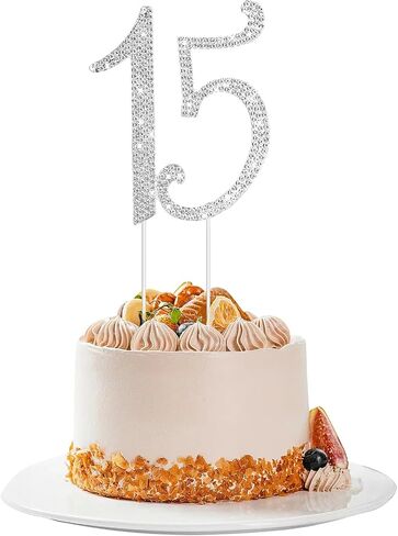 Mabor 15 Cake Topper, Crystal Happy Number 15th Birthday Cake Topper Rhinestones 15th Cake Topper Decoration Supplies for Birthday Party and Anniversary Party(Silver) in Saudi Arabia