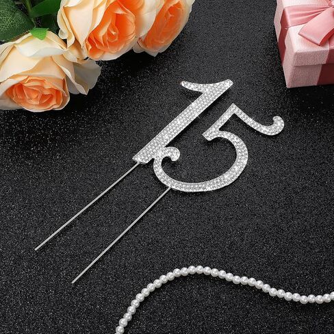 Mabor 15 Cake Topper, Crystal Happy Number 15th Birthday Cake Topper Rhinestones 15th Cake Topper Decoration Supplies for Birthday Party and Anniversary Party(Silver) in Saudi Arabia