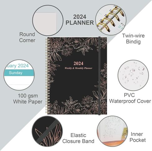 مخطط 2024 - مخطط شهري أسبوعي 2024 يعمل من يناير 2024 إلى ديسمبر 2024، مخطط 2024 مع 12 علامة تبويب شهرية، 8.5 بوصة × 11 بوصة، زهرة سوداء in Kuwait