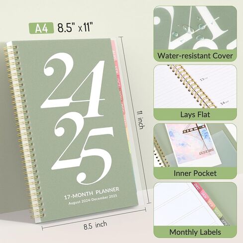 مخطط أكاديمي لمدة 17 شهرًا 2024-2025، مخطط كتاب جدول الأعمال الأسبوعي والشهري من Forvencer، أغسطس 2024 - ديسمبر 2025، 5 بوصة × 8 بوصة، مخطط تقويم طلاب الكلية المبسط الجمالي مع علامة تبويب شهرية، غطاء مرن (A5، أسود) in Kuwait