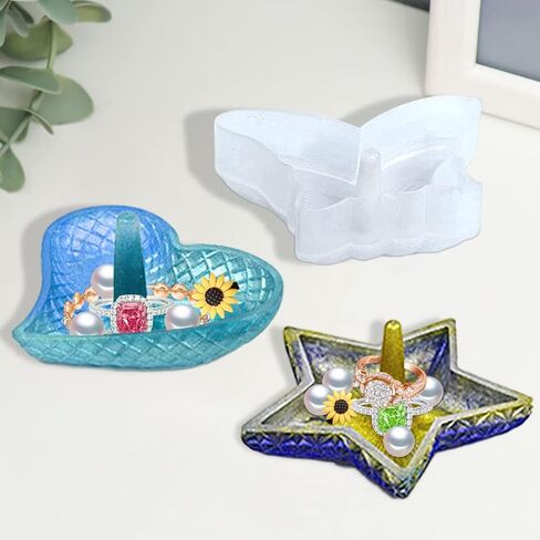 Zayookey 3Pcs Ring Holder Resin Mold, Heart Shape Ring Dish Silicone Molds, Butterfly Ring Holder Mold Pentagram Jewelry Tray Mould for Epoxy Resin Casting DIY Trinket Earring Display Stand (White) in Kuwait