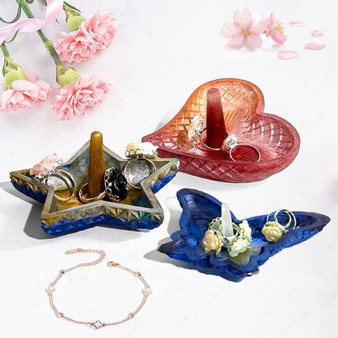 Zayookey 3Pcs Ring Holder Resin Mold, Heart Shape Ring Dish Silicone Molds, Butterfly Ring Holder Mold Pentagram Jewelry Tray Mould for Epoxy Resin Casting DIY Trinket Earring Display Stand (White) in Kuwait