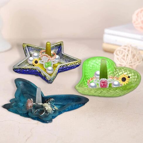 Zayookey 3Pcs Ring Holder Resin Mold, Heart Shape Ring Dish Silicone Molds, Butterfly Ring Holder Mold Pentagram Jewelry Tray Mould for Epoxy Resin Casting DIY Trinket Earring Display Stand (White) in Kuwait